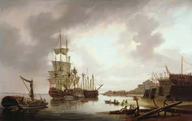 Britische Kriegsschiffe vor Anker in Blackwall Reach, 1792